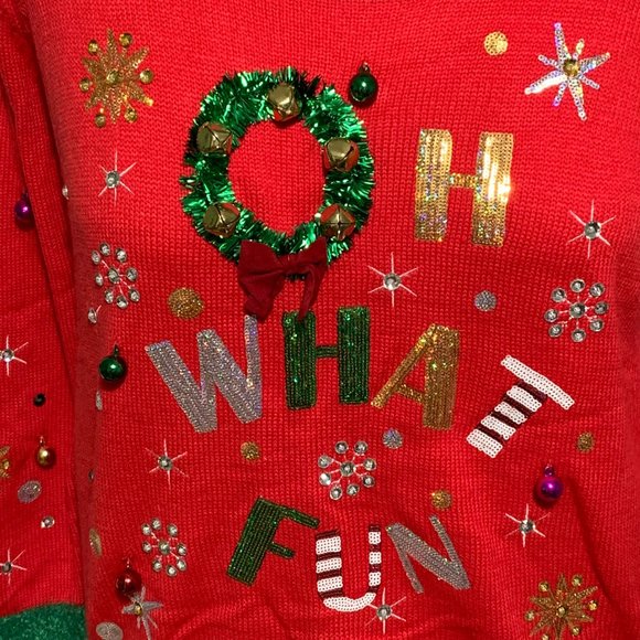 Ugly Christmas Sweater Oh What Fun Bells Sequins Tinsel Snowflake Rhinestone XL - Picture 2 of 4